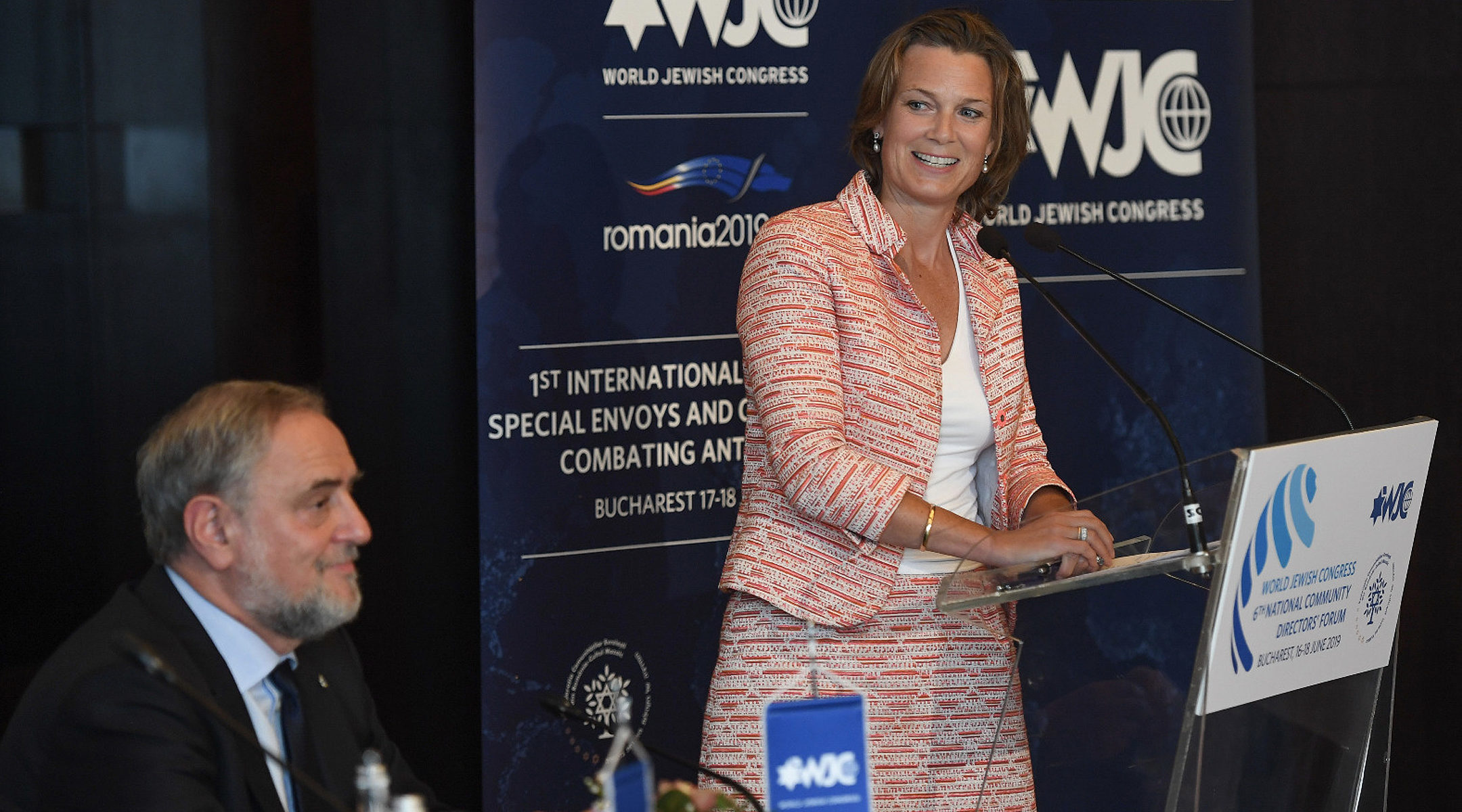 EU coordinator of the fight against anti-Semitsm, Katharina von Schnurbein, looking at World Jewish Congress executive vice president Robert Singer during a conference in Bucharest, Romania on June 17, 2019. (Shahar Azran / World Jewish Congress)