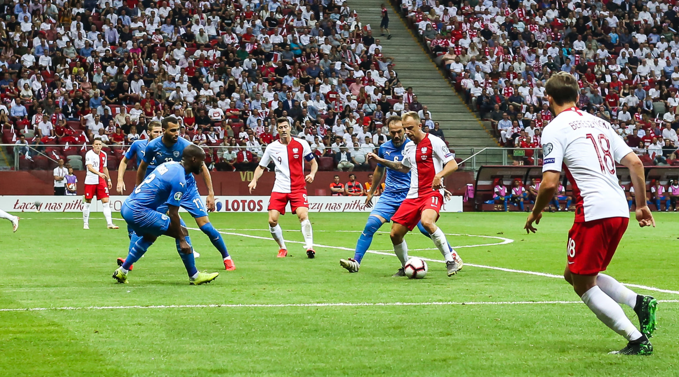 Polish and Israeli soccer players engage in a friendly match in Poland on June 10, 2019. (Photo by Foto Olimpik/NurPhoto via Getty Images)