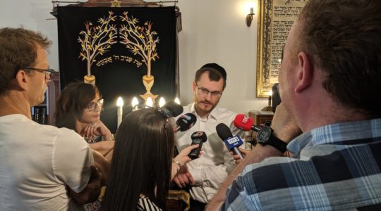Rabbi Dawid Szychowski telling journalists about the Festival of Tranquility that he launched in Lodz, Poland on June 8, 2019. (Photo courtesy of Shvei Israel)