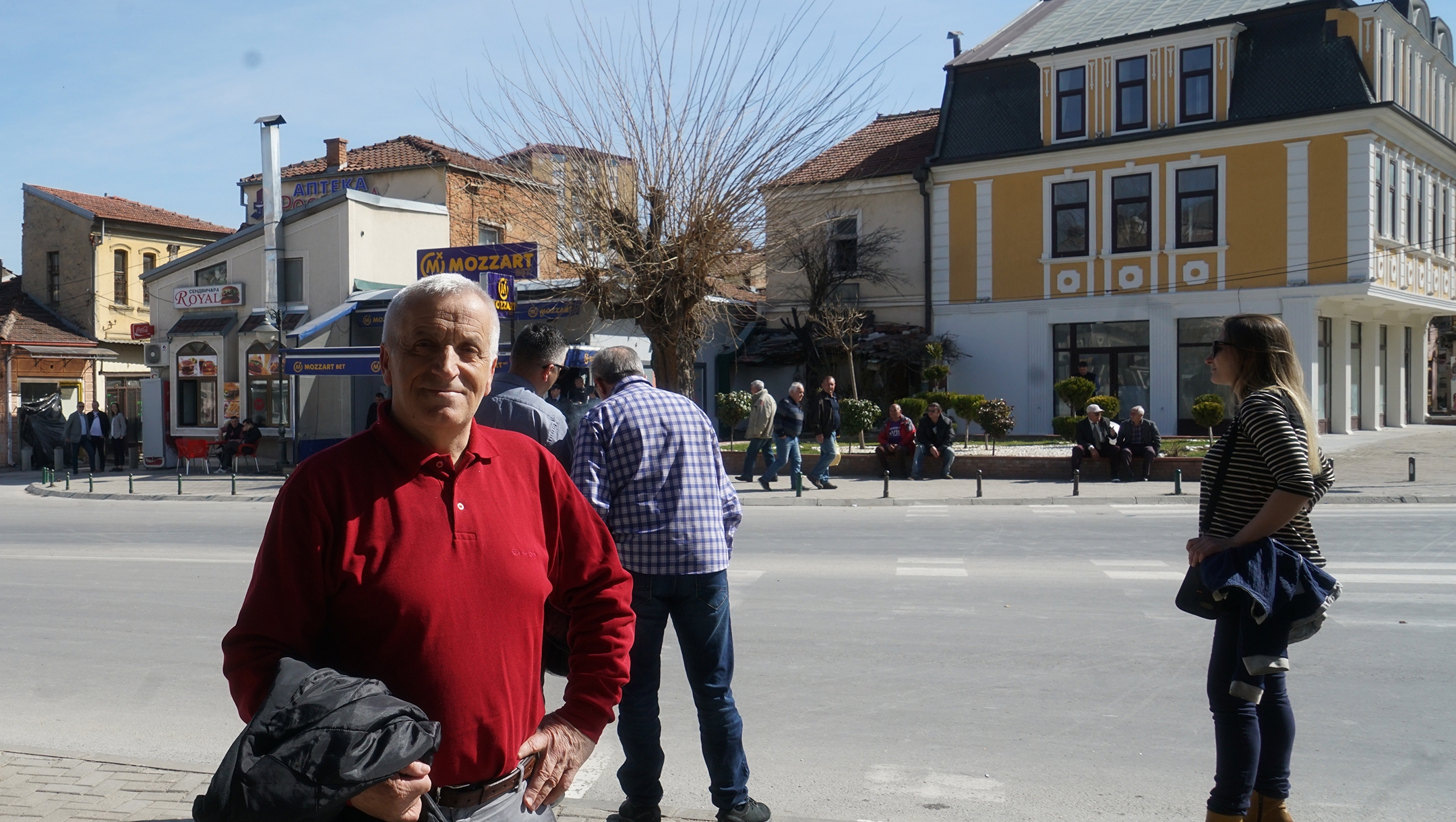 Hassan Jasari, whose Muslim uncle helped Jews awaiting their deportation, greeting participants of the annual Holocaust commemoration event in Bitola, North Macedonia on March 10, 2019. (Cnaan Liphshiz)