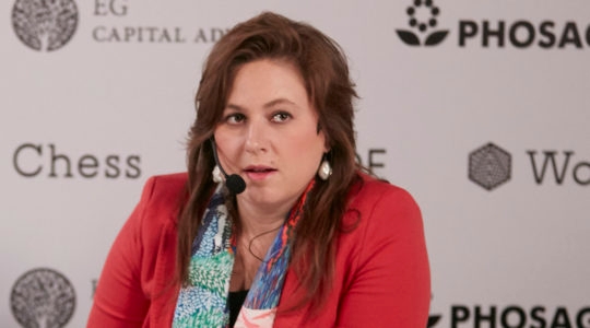 Chess grandmaster Judit Polgar speaking to reporters at the First Move Ceremony in Berlin on March 10, 2018 (Sebastian Reuter/Getty Images for World Chess)