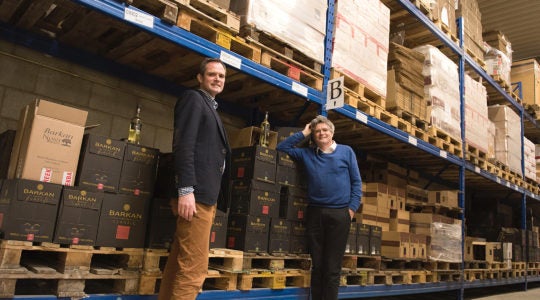 Pieter van Oordt, left, with his brother Roger at the Israel Products Center in Nijkerk, the Netherlands, Feb. 19, 2016. (Cnaan Liphshiz)