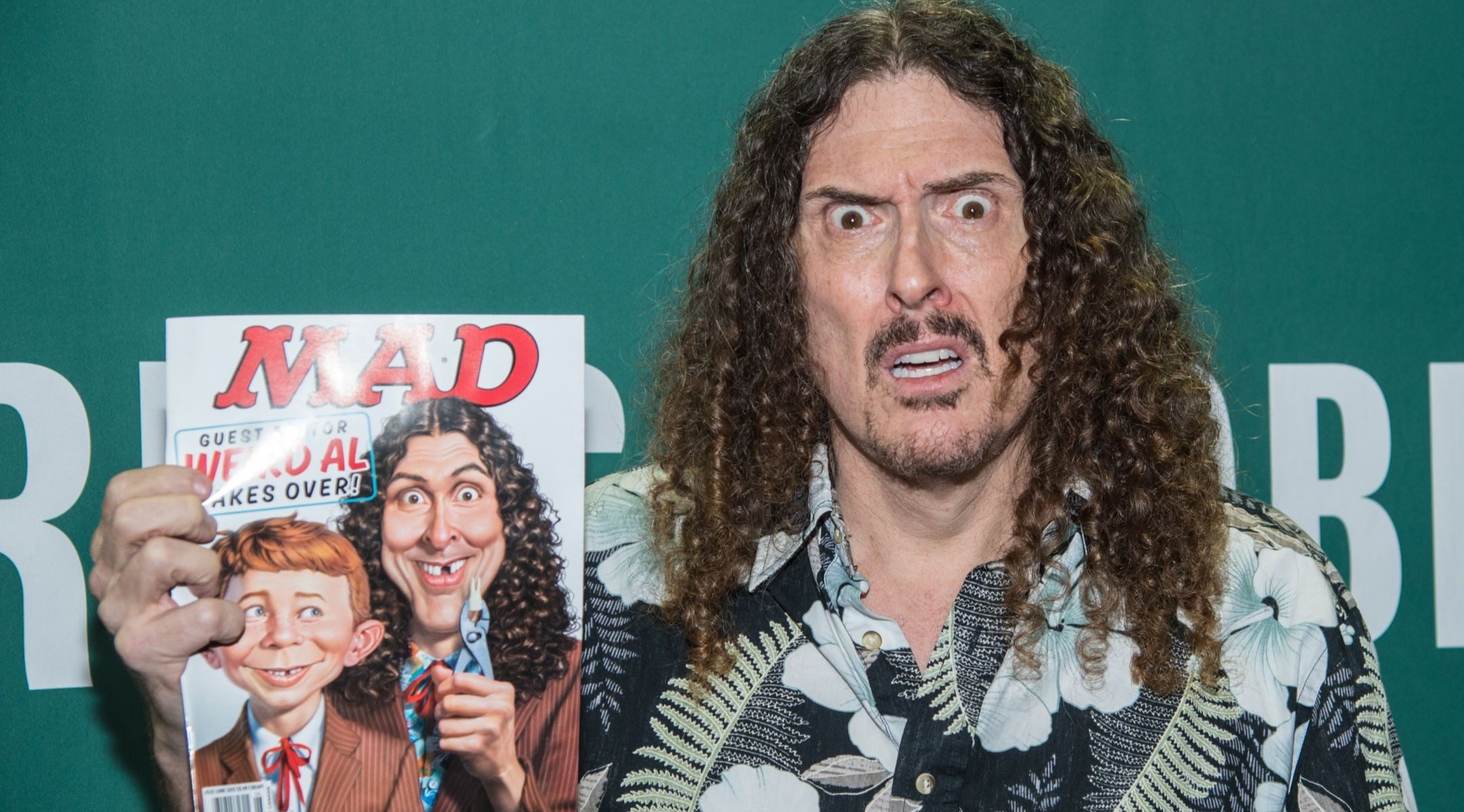 Singer Weird Al Yankovic with his Mad Magazine cover in New York City, April 20, 2015. (Mark Sagliocco/Getty Images)