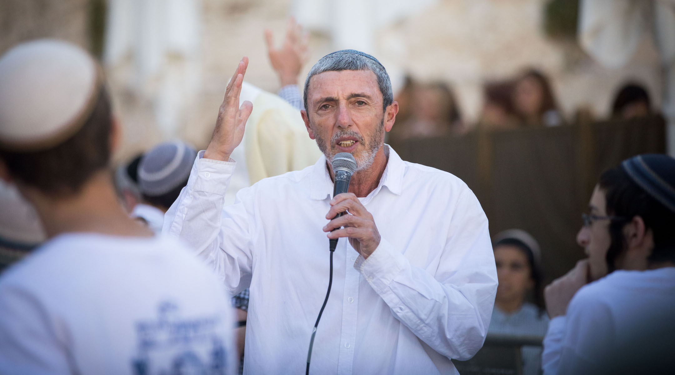 Education Minister Rafi Peretz speaks at the Western Wall in Jerusalem's Old City on July 4, 2019. (Yonatan Sindel/Flash90)