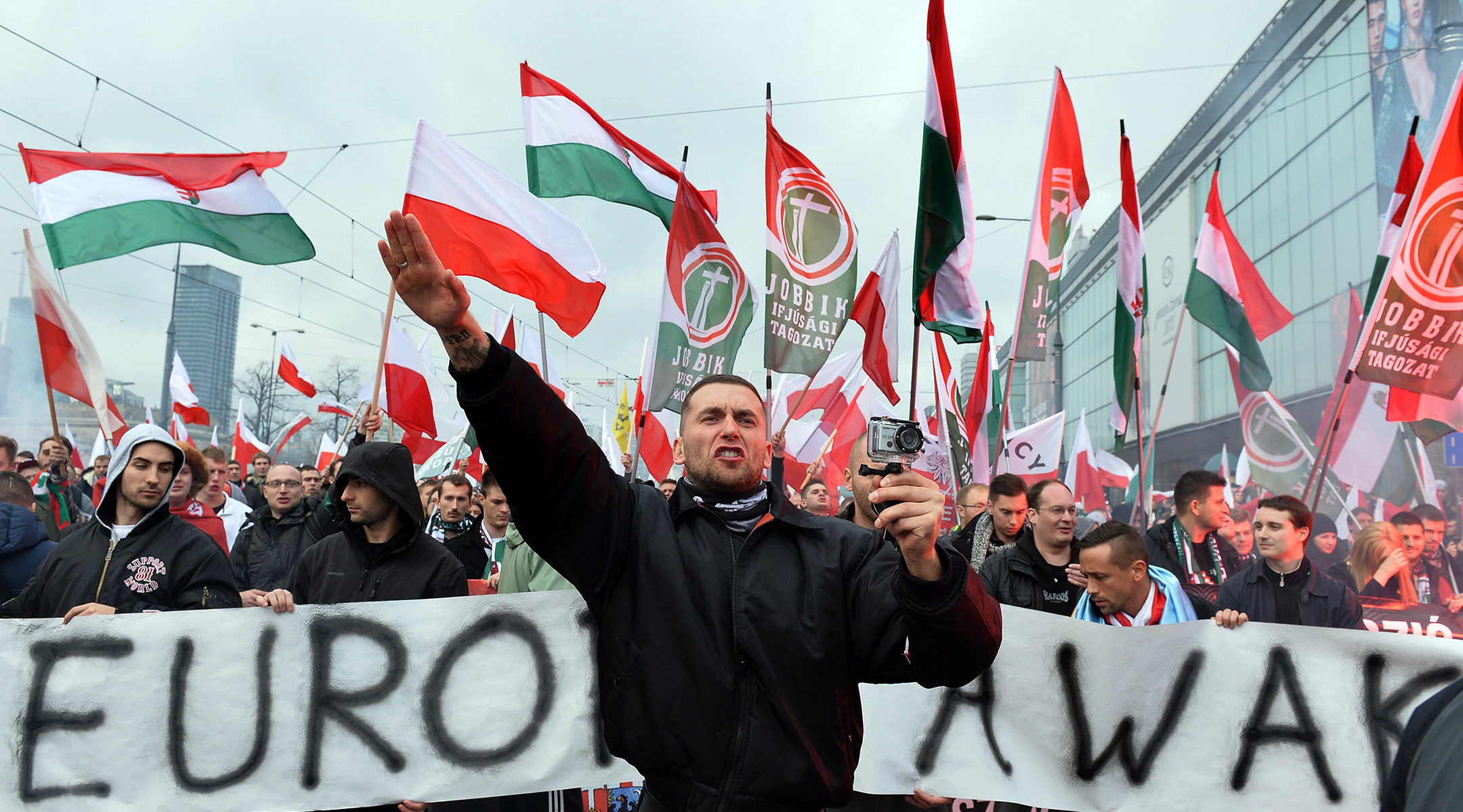 Hungarian supporters of the far-right Jobbik party participating in a nationalist march through Warsaw, Poland on Nov. 11, 2015. (Janek Skarzynski/AFP/Getty Images)