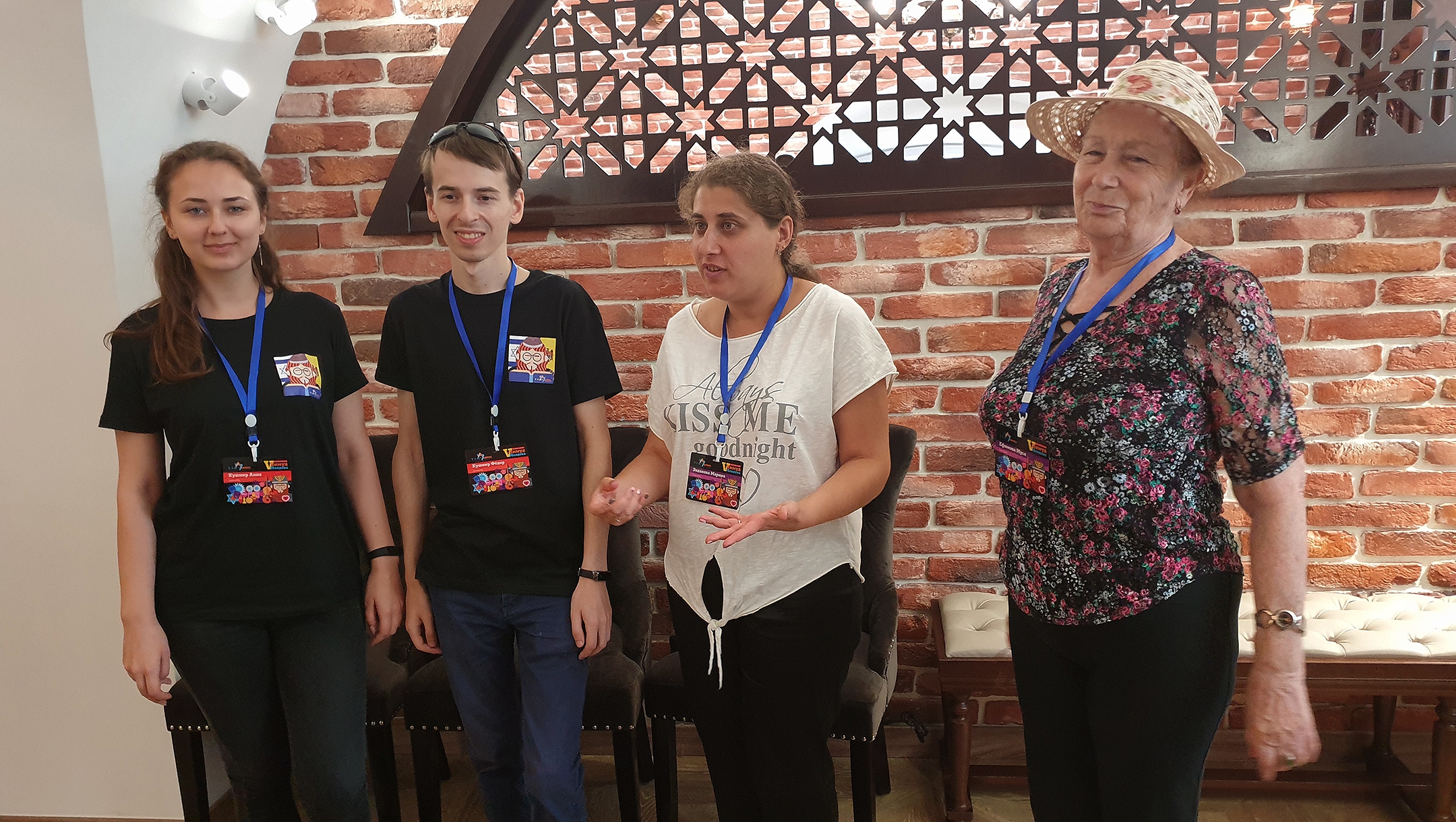 Musia Efimova, right, Marina Edakova and Fiodor and Anna Kushnir at the Wooden Synagogue of Chisinau, Moldova on Aug. 26, 2019. (Cnaan Liphshiz) 