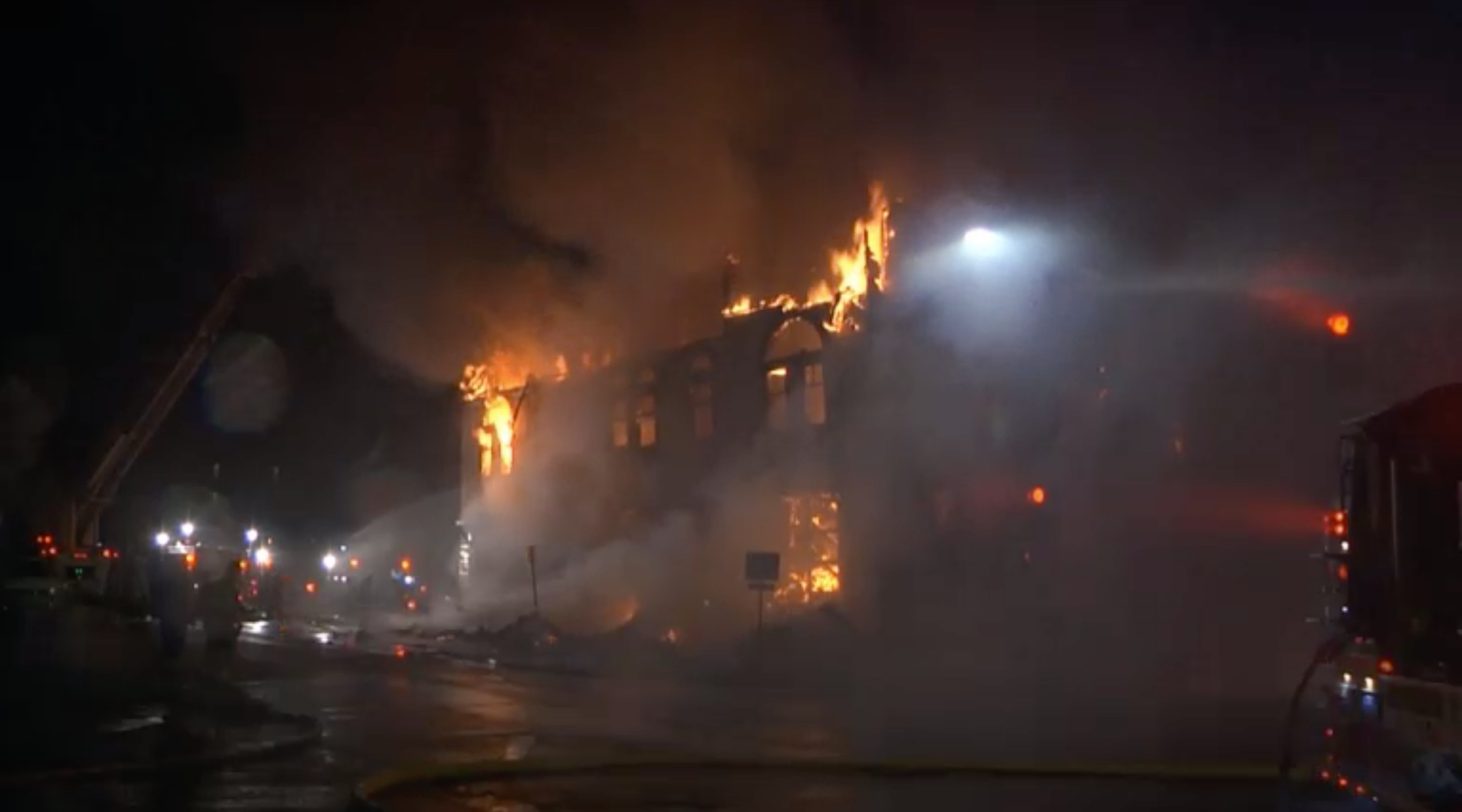 Adas Israel Congregation went up in flames early Monday morning. The cause of the fire is unclear. (Screenshot from KBJR Channel 6)