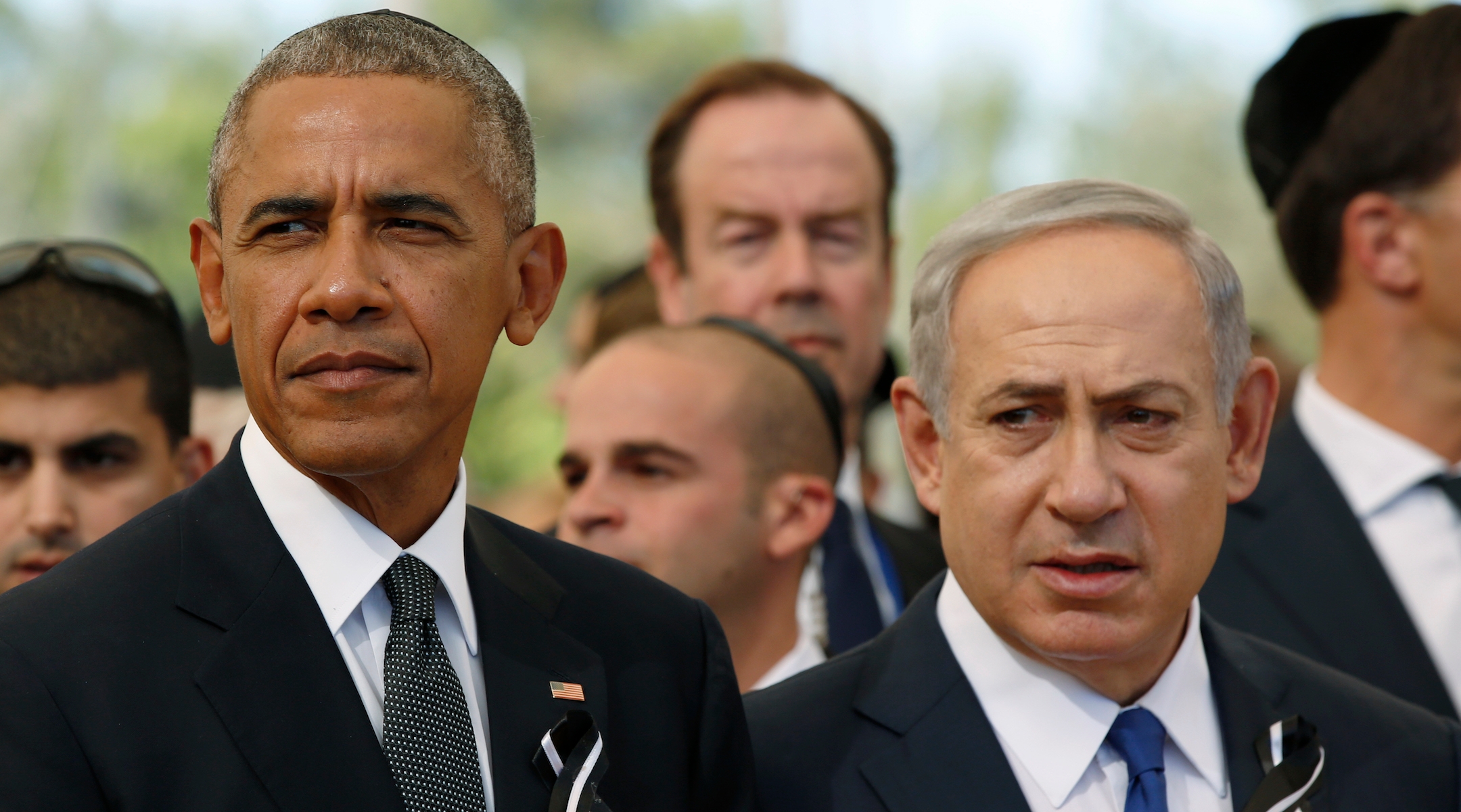 U.S. President Barack Obama and Israeli Prime Minister Benjamin Netanyahu look onduring the funeral of Shimon Peres at Mount Herzl Cemetery on September 30, 2016 in Jerusalem, Israel. (Abir Sultan/Getty Images)