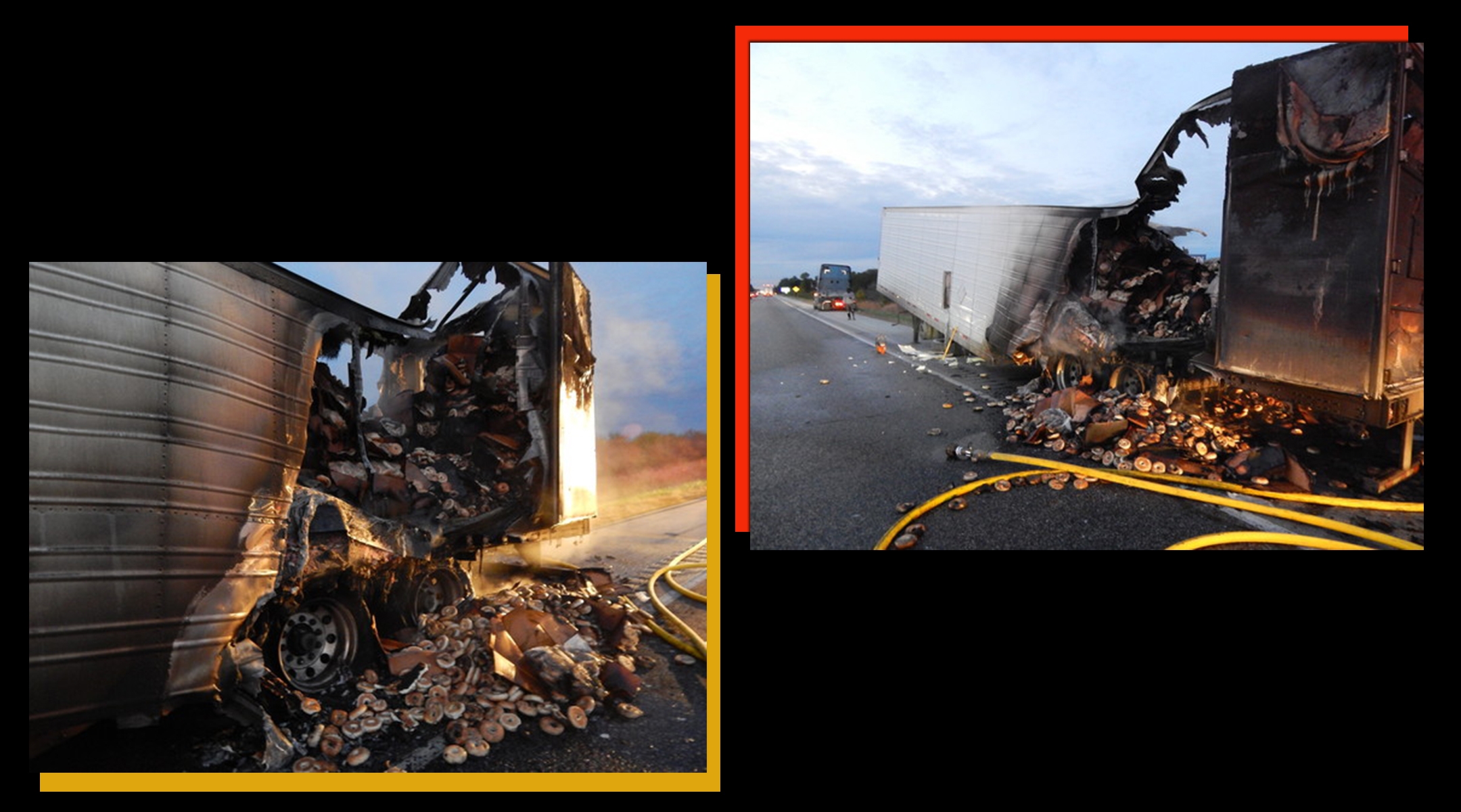 The circular cargo went up in flames when a rear axle caught on fire. (Courtesy of the Indiana State Police)
