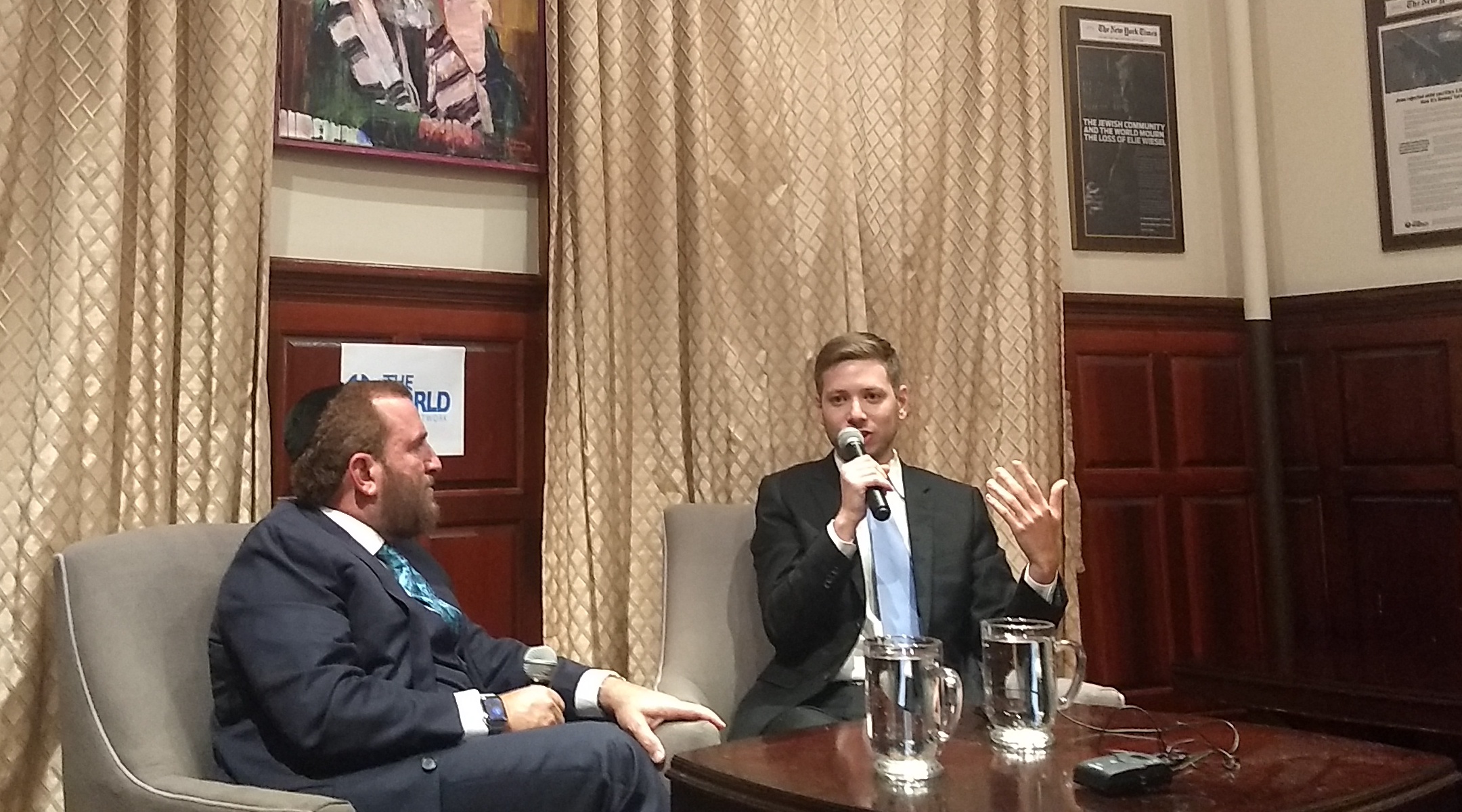 Yair Netanyahu, Israeli Prime Minister Benjamin Netanyahu's son, speaks with Rabbi Shmuley Boteach on Nov. 6, 2019 in New York City. (Ben Sales)