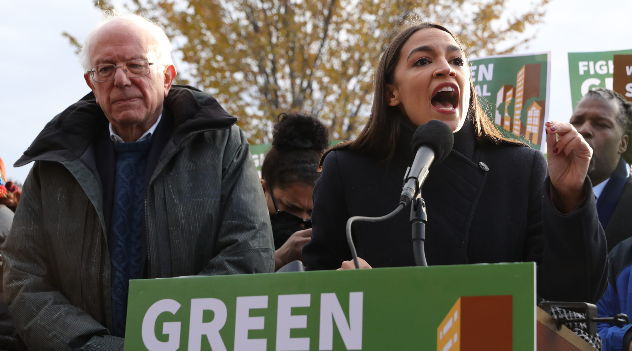 Democratic presidential candidate Sen. Bernie Sanders and Rep. Alexandria Ocasio-Cortez holding a news conference in Washington, DC on November 14, 2019. (Chip Somodevilla/Getty Images)