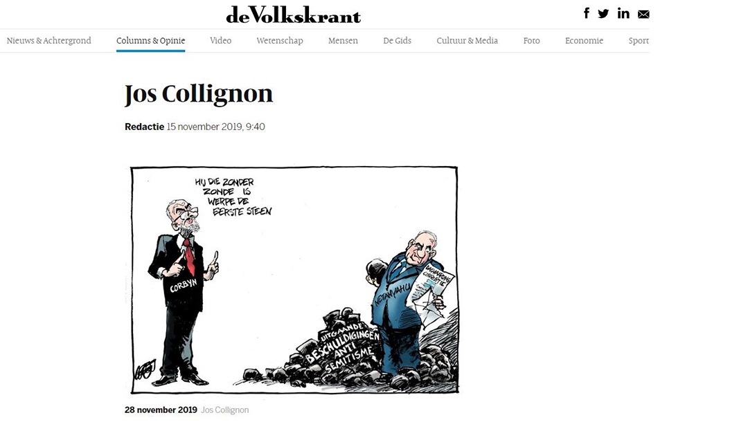 A caricature suggesting Benjamin Netanyahu is behind British Labour's anti-Semitism scandals (De Volkskrant)