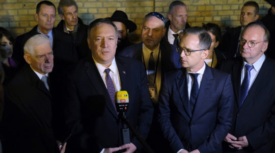 U.S. Secretary of State Mike Pompeo, speaking to the microphone, and German Foreign Minister Heiko Maas flanked by Josef Schuster, leader of the Central Council of Jews, and Saxony-Anhalt Governor Reiner Haseloff in Halle, Germany on November 7, 2019 (Sean Gallup/Getty Images)