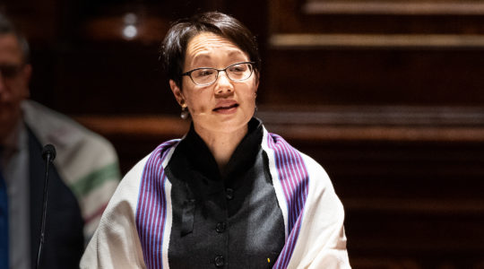 Rabbi Angela Buchdahl speaking at an interfaith prayer vigil on Oct. 30, 2018, at the Central Synagogue in New York City for victims of the Tree of Life Synagogue shooting. (Michael Brochstein/SOPA Images/LightRocket via Getty Images)