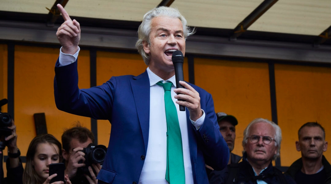 Geert Wilders speaking at a protest rally by Dutch farmers in The Hague, the Netherlands on Oct. 16, 2019. (Pierre Crom/Getty Images)