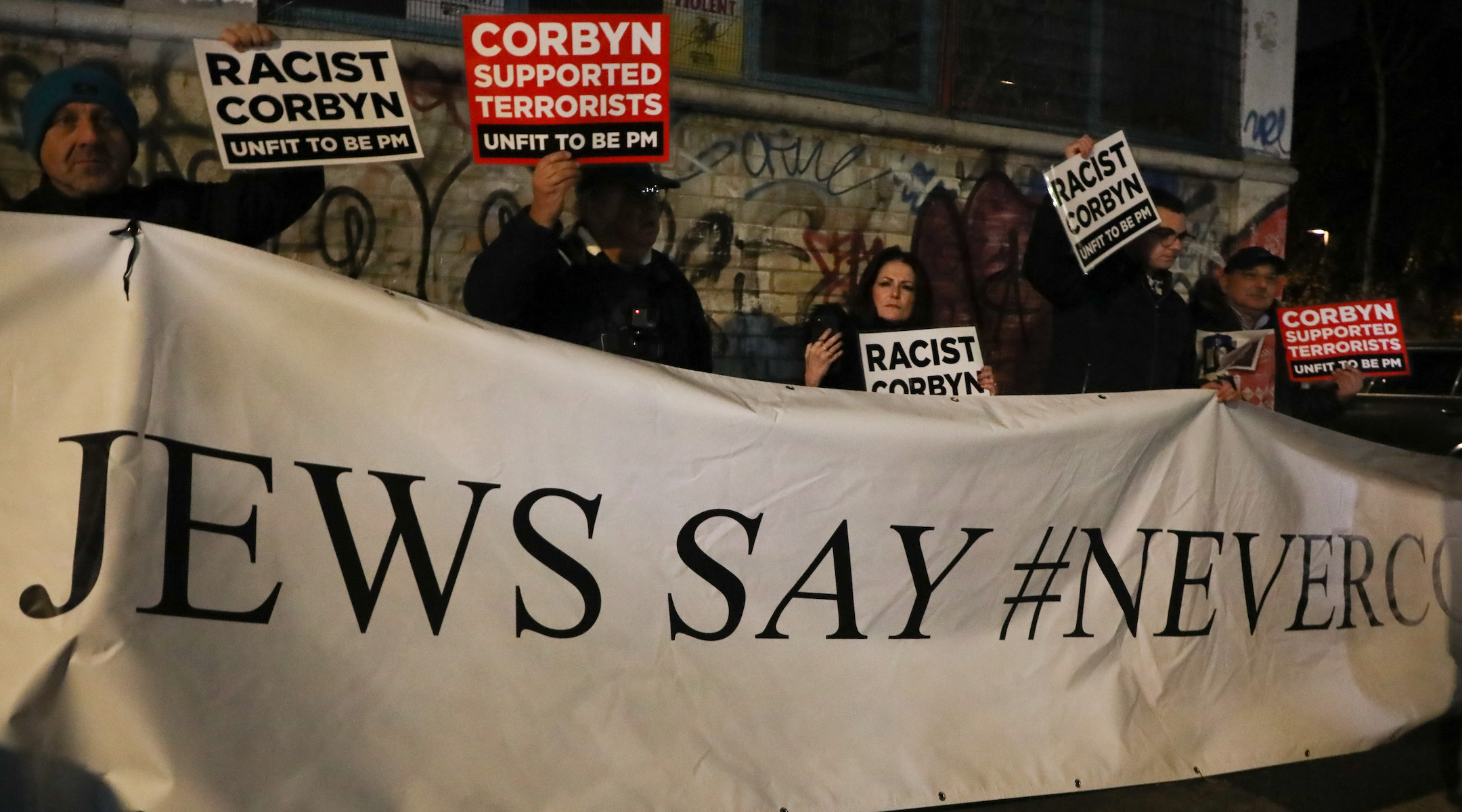 Labour Party opponents arrive at Jeremy Corbyn's final rally in Hoxton, London on December 11, 2019. (Beata Zawrzel/Getty Images)