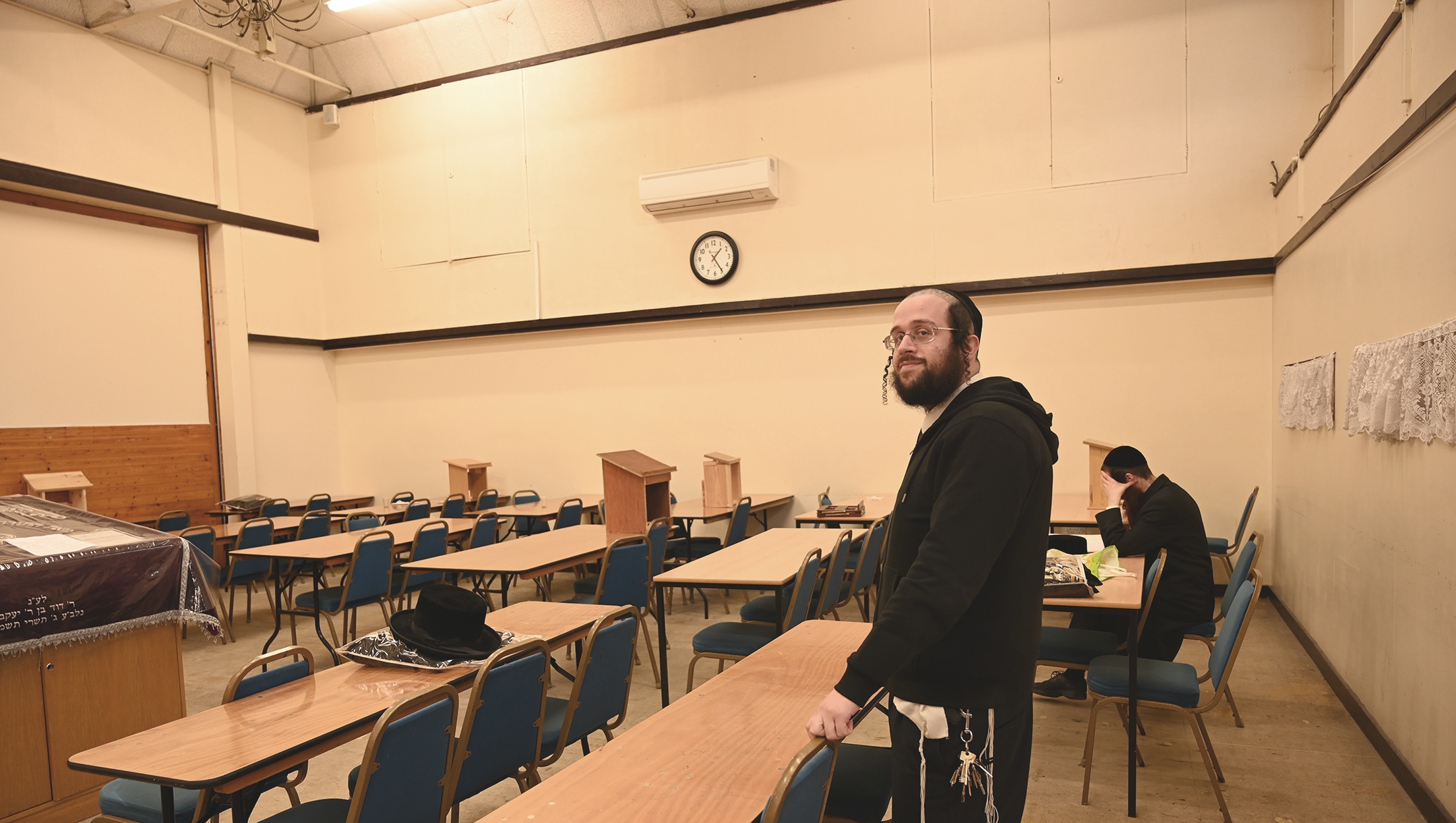 Jacob Gross at the yeshiva and synagogue on Canvey Island, UK on Dec. 13, 2019. (Cnaan Liphshiz)