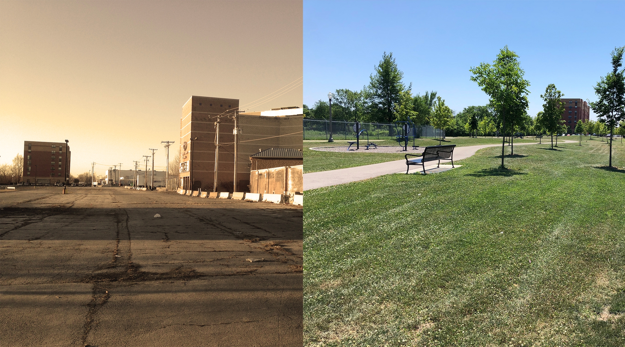 The Jewish Neighborhood Development Council has pushed through a number of urban renewal projects in West Rogers Park, such as turning an abandoned parking lot (left) into a park (right). (Courtesy of Howard Rieger)