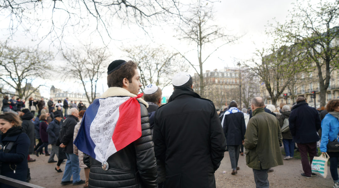 French Jews at a march protestic anti-Semitic violence in Paris, France on March 28, 2018. (Cnaan Liphshiz)