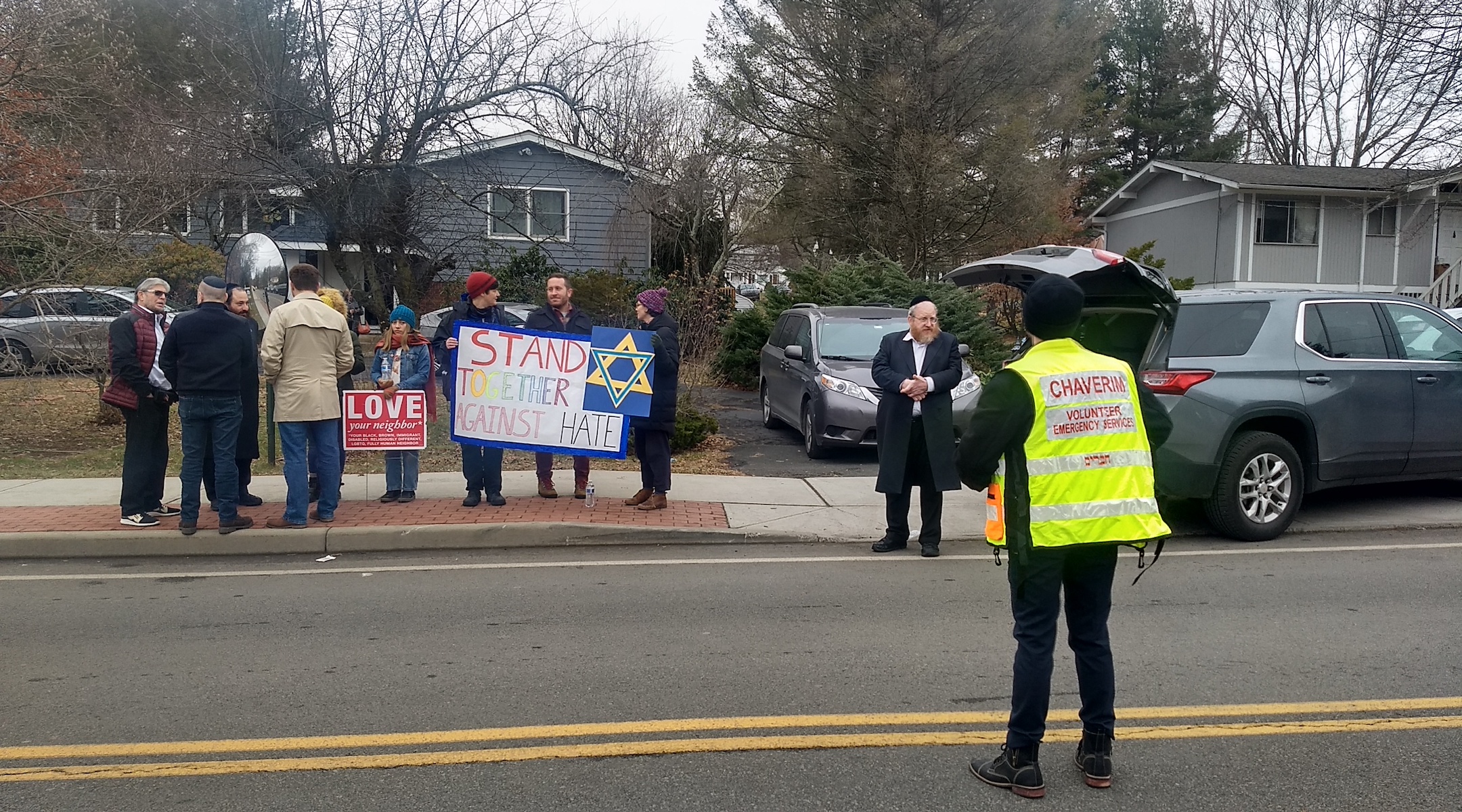 A handful of Monsey residents gathered to show support for the Orthodox community on Sunday. (Ben Sales)