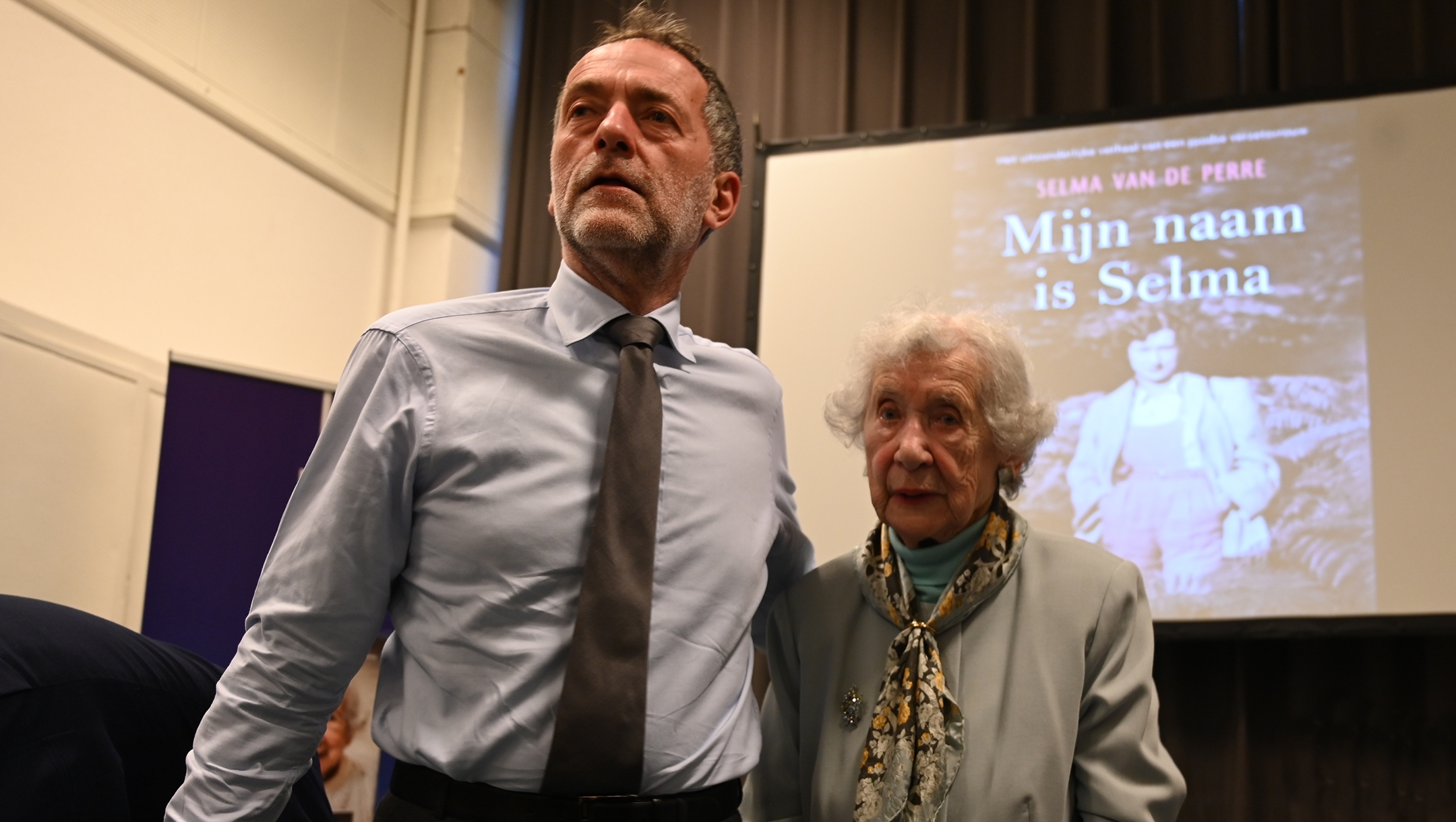 Selma van de Perre and her son, Jocelin, during a presentation of her book at the National Holocaust Museum in Amsterdam, the Netherlands on Jan. 9, 2020. (Cnaan Liphshiz)