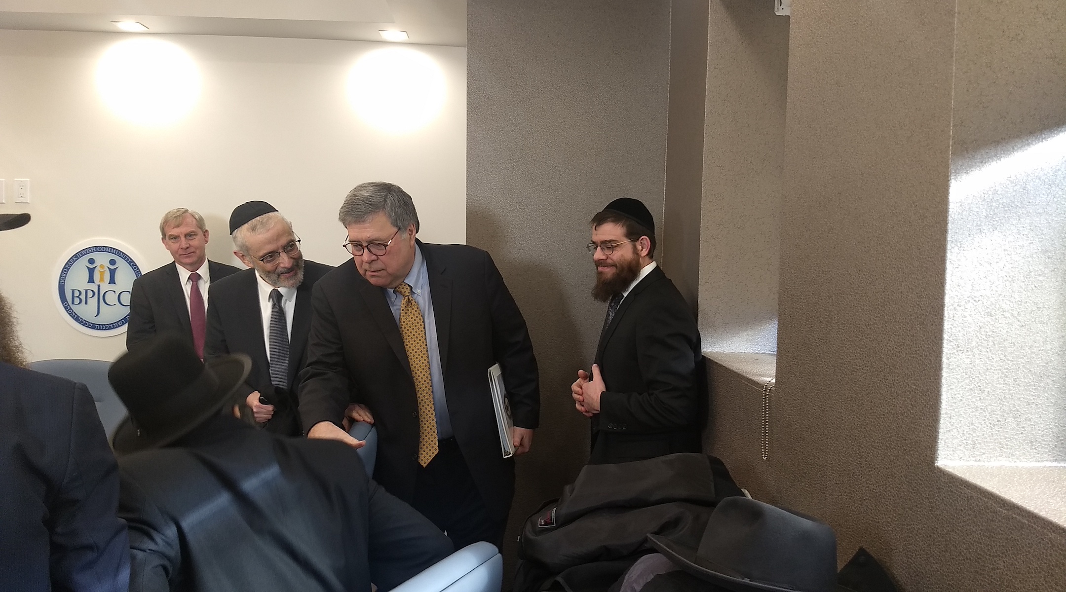 Attorney General William Barr greets Orthodox leaders ahead of meeting with them in Brooklyn on January 28, 2020. (Ben Sales)