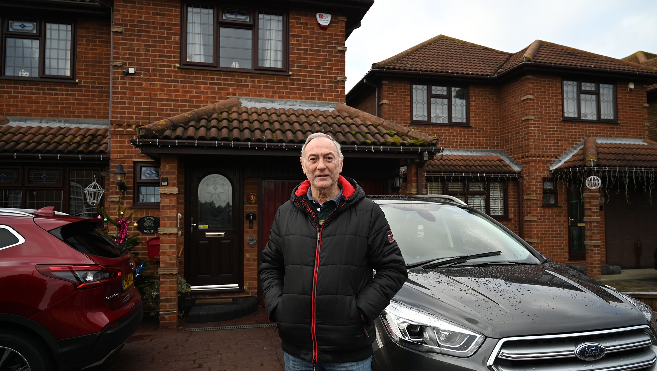 Tony Eaton standing outside his home on Canvey Island, UK on Dec. 13, 2019. (Cnaan Liphshiz)