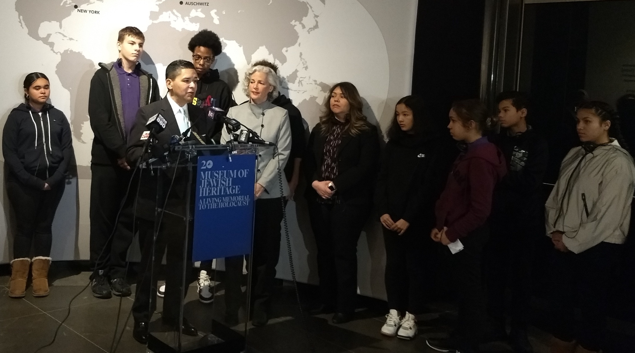 New York City Schools Chancellor Richard Carranza speaks at a press conference head of a students' tour of the Museum of Jewish Heritage in New York City on Jan. 15, 2020. (Ben Sales)