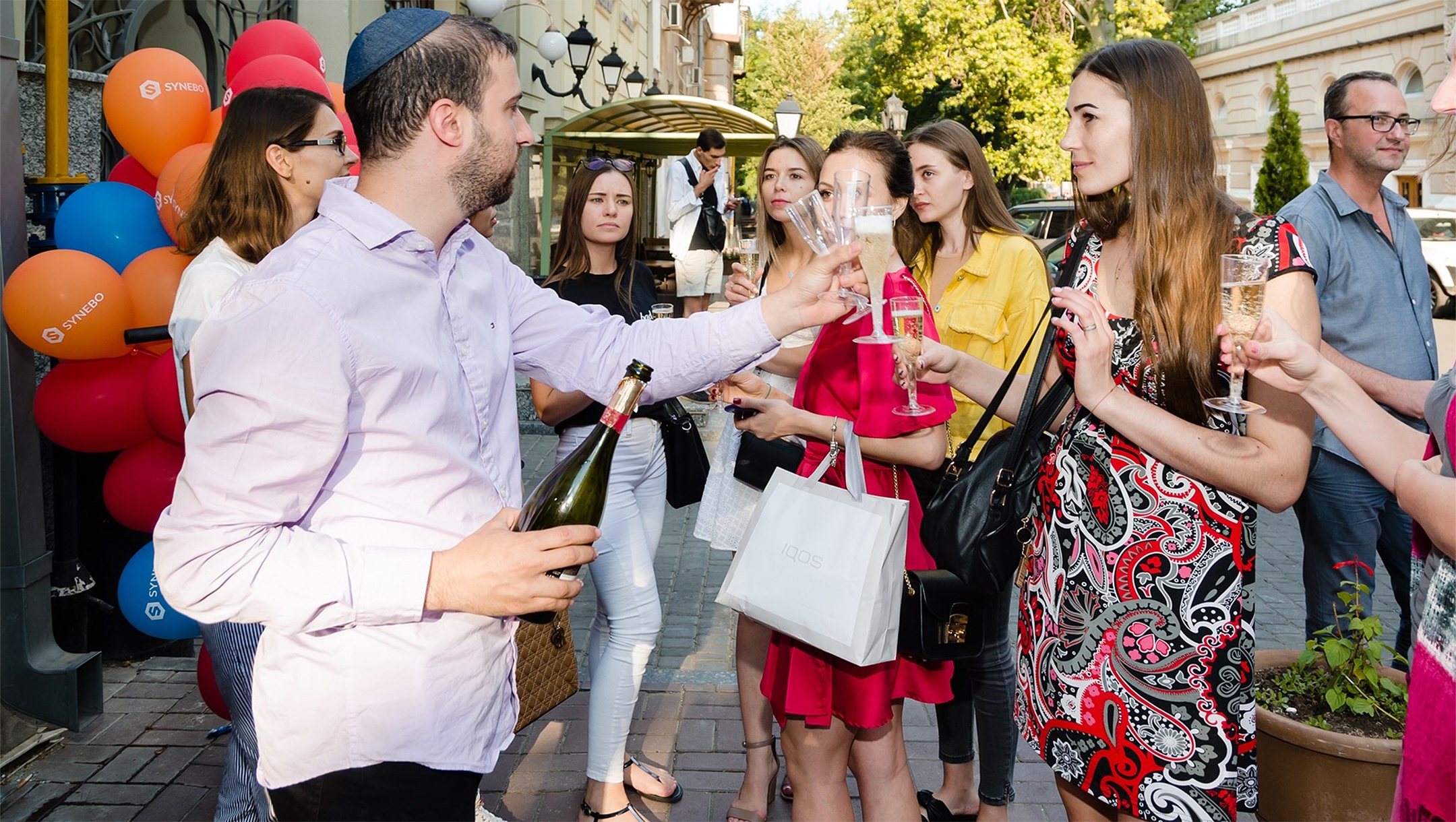 Patrons of Kosher Bar toasting outside the establishment in Odessa, Ukraine on Sept. 1, 2019. (Courteasy of Kosher Bar)