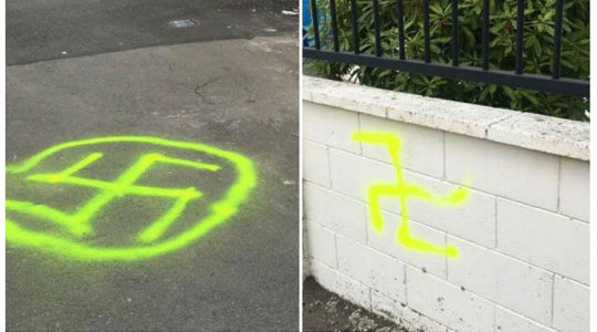 Swastikas outside the Temple Sinai synagogue in Wellington, New Zealand on Jan. 22, 2020. (Wellington City Council)