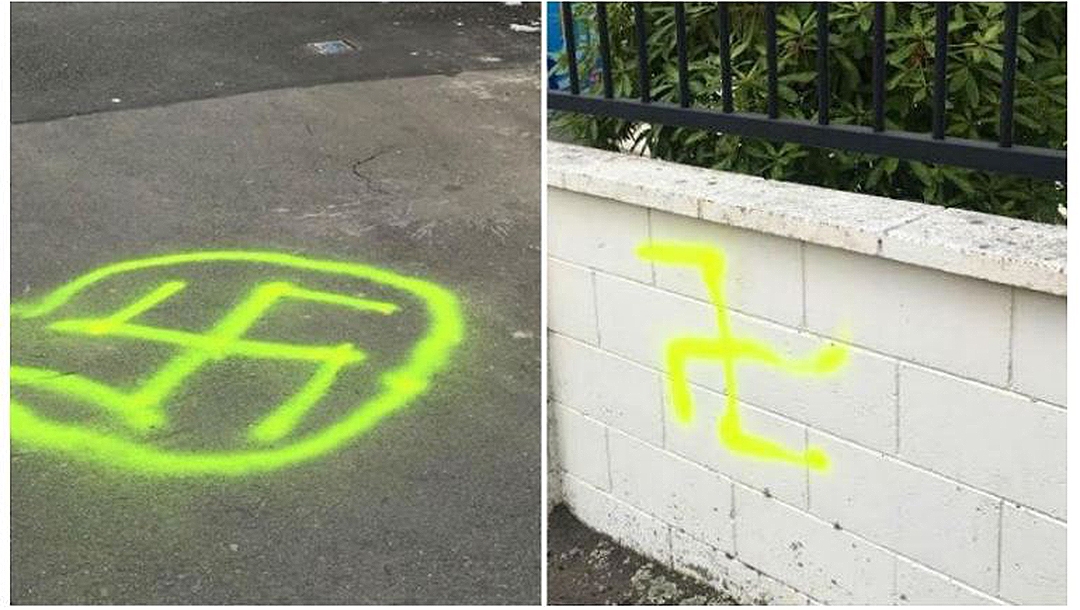 Swastikas outside the Temple Sinai synagogue in Wellington, New Zealand on Jan. 22, 2020. (Wellington City Council)