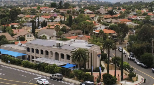 An aerial view of the Chabad of Poway synagogue in Poway, Calif. on April 28, 2019, a day after a deadly shooting there. (Sandy Huffaker/AFP via Getty Images)