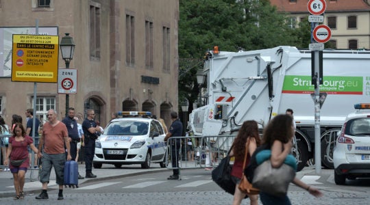 French policemen controlling access to the city center of Strasbourg, eastern France, July 30, 2016. (Patrick Hertzog/AFP/Getty Images)