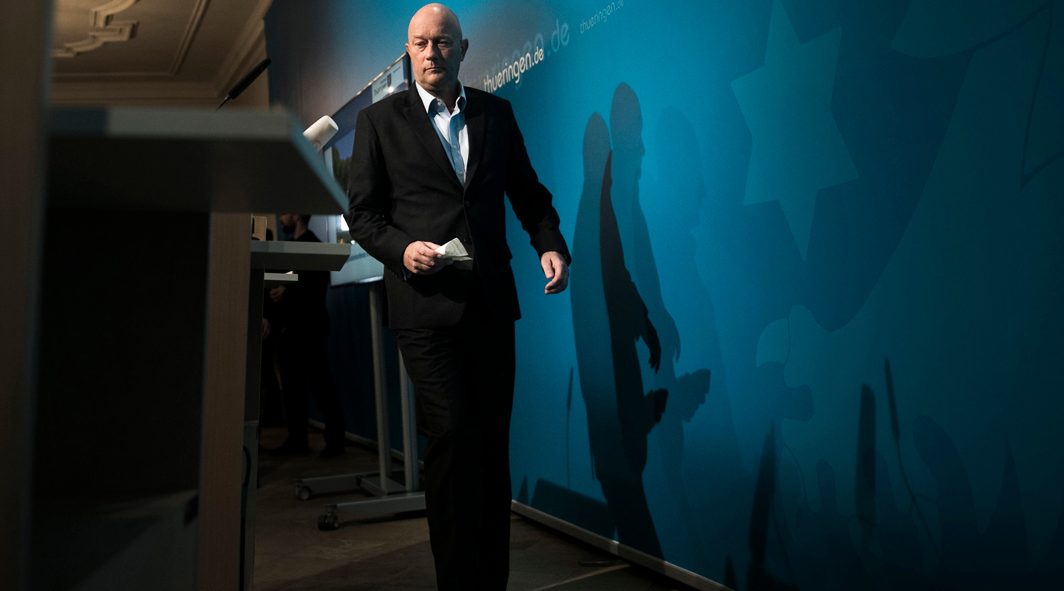 Thomas Kemmerich, who was elected governor of Thuringia but resigned the post, arriving to a press conference in Erfurt, Germany on February 6, 2020. (Carsten Koall/Getty Images)