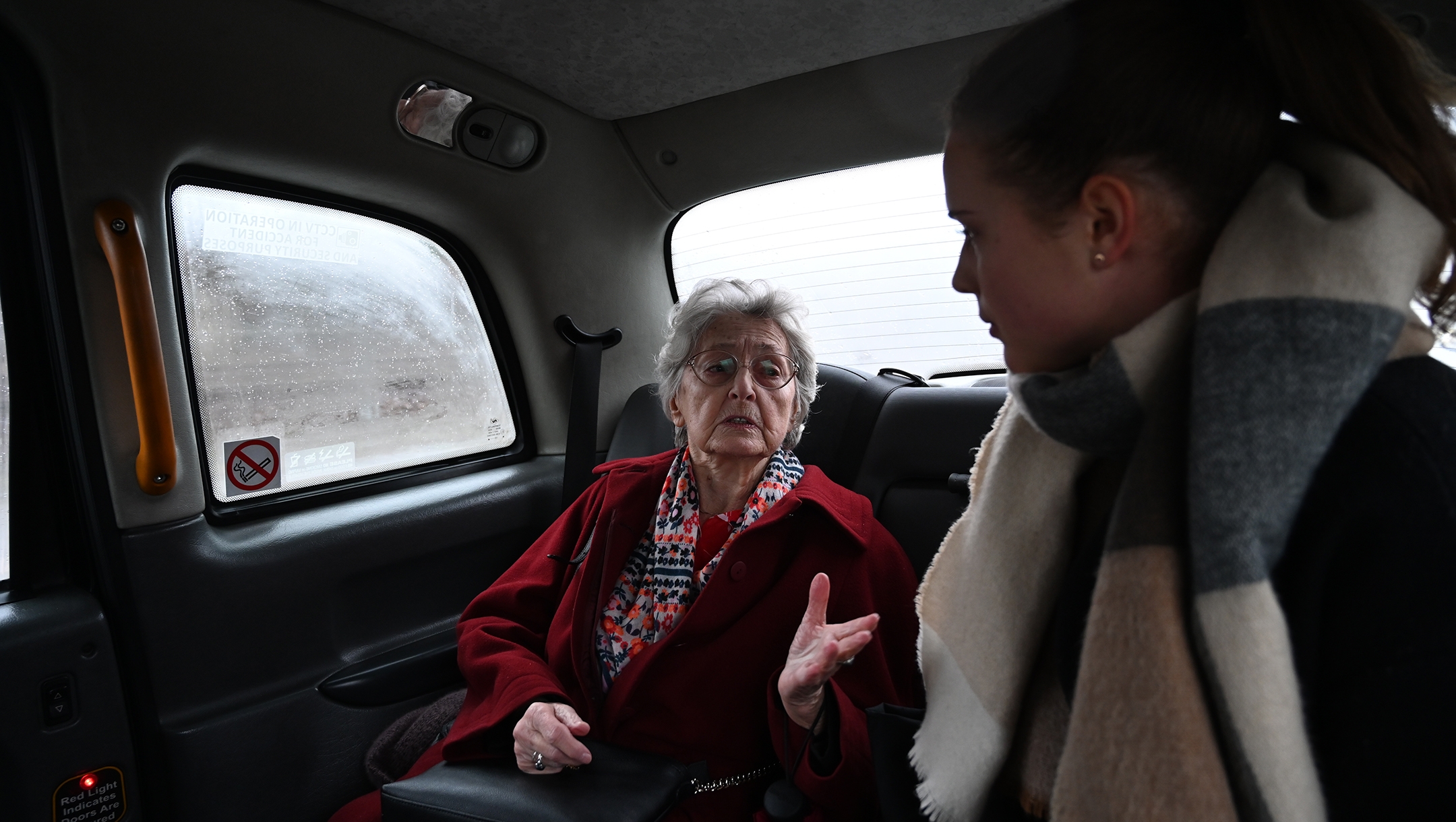 Anna Stupnicka-Bando, the 90-year-old president of the Polish Association of the Righteous Among the Nations, inside one of the From the Depths taxis for saviors of Jews in Warsaw, Poland on Jan. 29, 2020. (Cnaan Liphshiz)