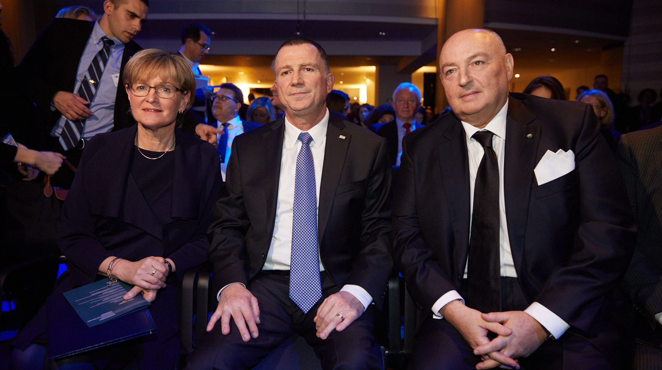 Moshe Kantor, right, with Knesset Speaker Yuli-Edelstein and European Parliament Vice President Mairead McGuinness attending a Holocaust commemoration event in Brussels, Belgium on Jan. 24, 2019. (Erez Lichtfeld)
