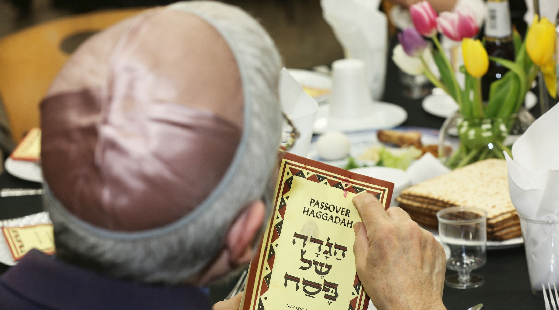 A Jewish man reads the Passover Haggadah during a seder in North York, Ontario, Canada on April 19, 2019. (Creative Touch Imaging Ltd./NurPhoto via Getty Images)