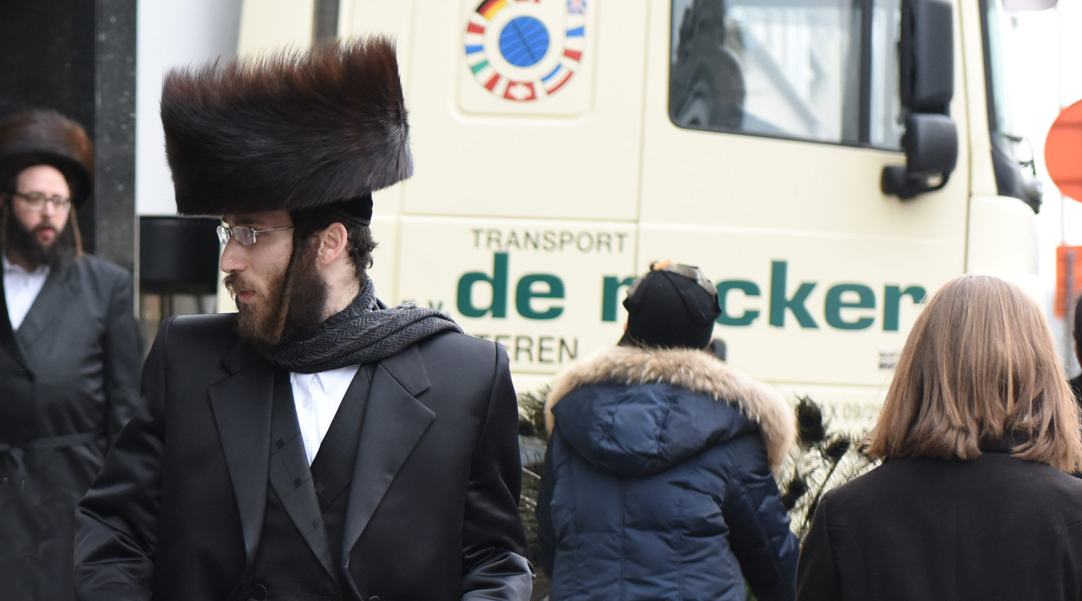 Haredi Jews walking in Antwerp, Belgium on March 16, 2016. (Cnaan Liphshiz)