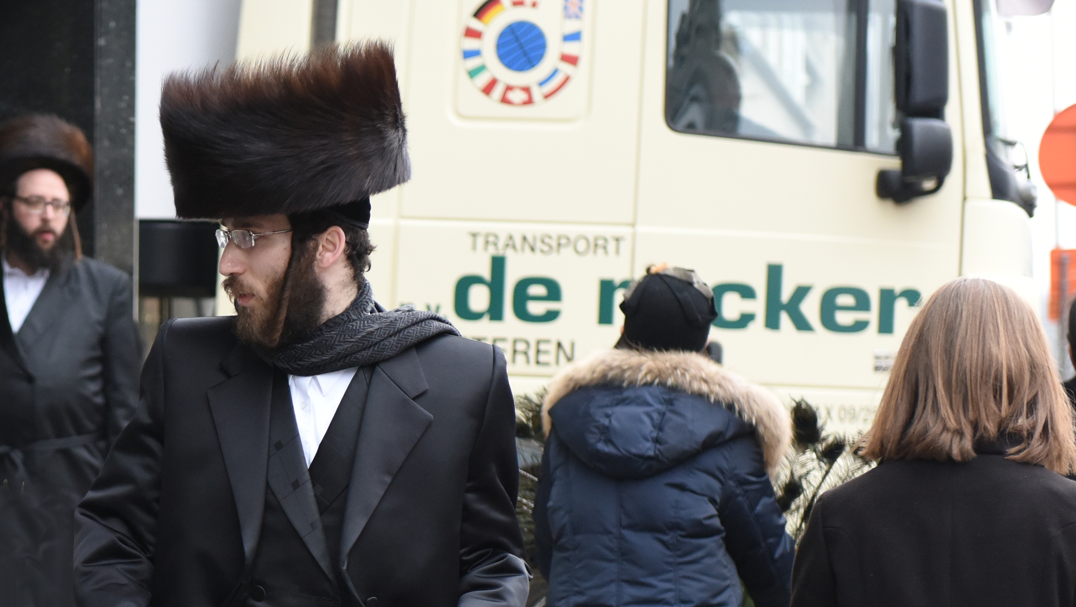 Haredi Jews walking in Antwerp, Belgium on March 16, 2016. (Cnaan Liphshiz)