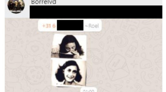 A screenshot of the meme of Anne Frank shared on the WhatsApp group of the young supporters of the Forum for Democracy party in the Netherlands. (HP\DeTijd)