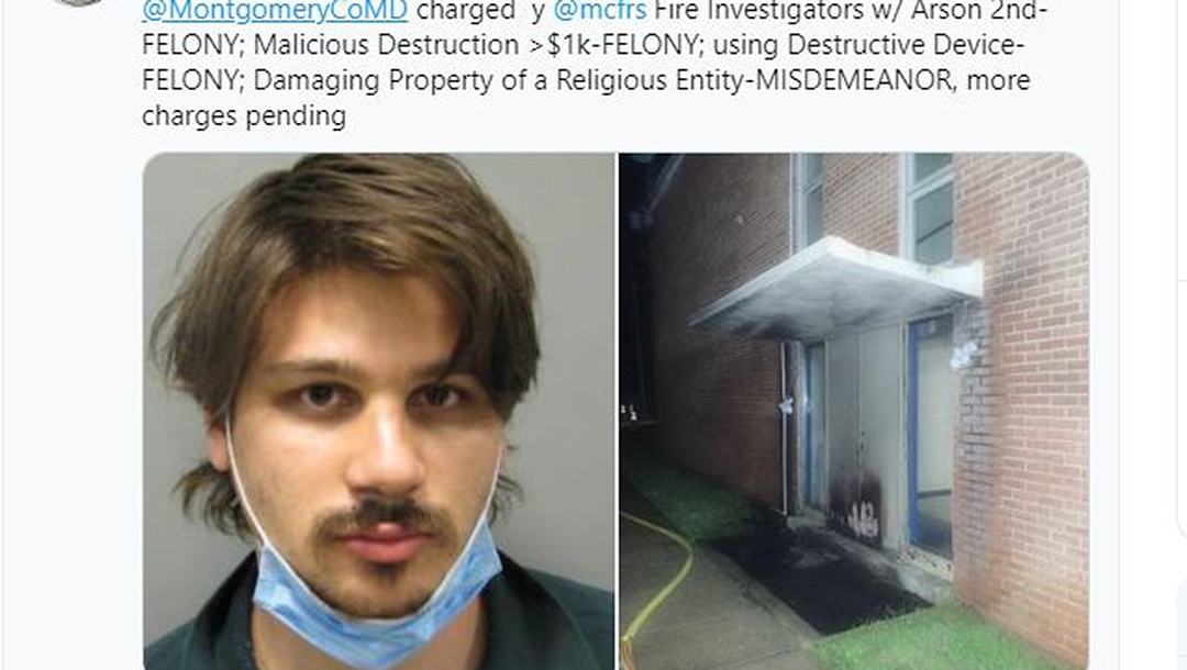 A picture of Andew Costas alongside a church in MAryland that he is suspected of torching with his girlfriend (Courtesy of Montgomery County Fire & Rescue Service/Twitter)