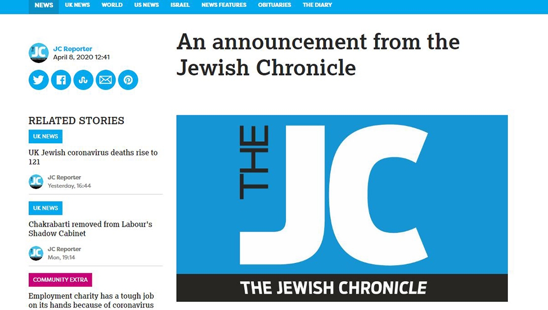 A screenshot of the Jewish Chronicle announcement on its liquidation on April 8, 2020.