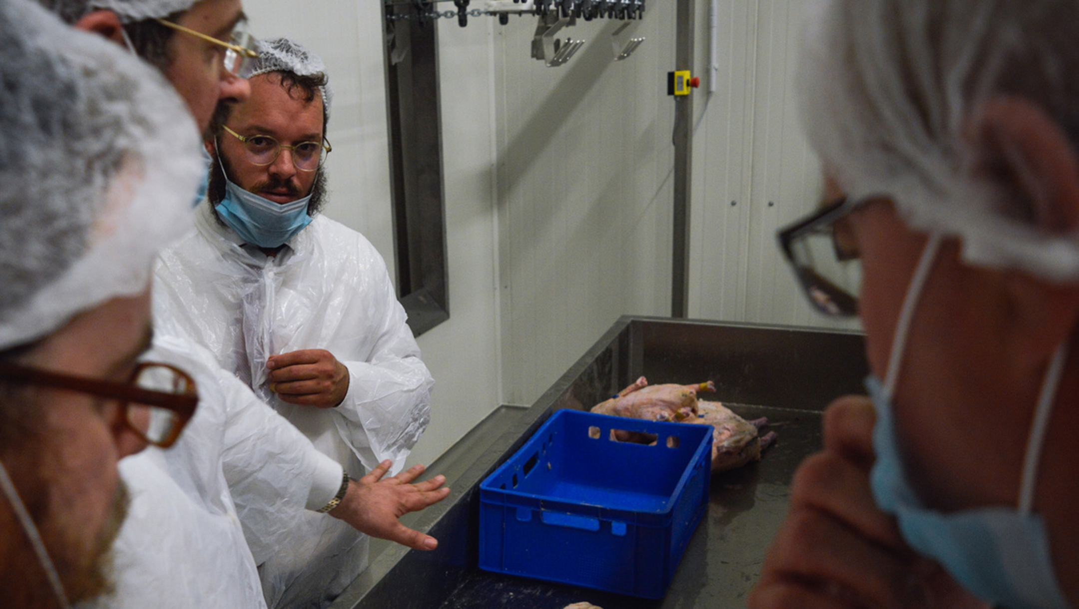 Rabbis examinign the production line at Quality Poultry KFT in Csengele, Hungary in February 2017. (Zsolt Demecs)