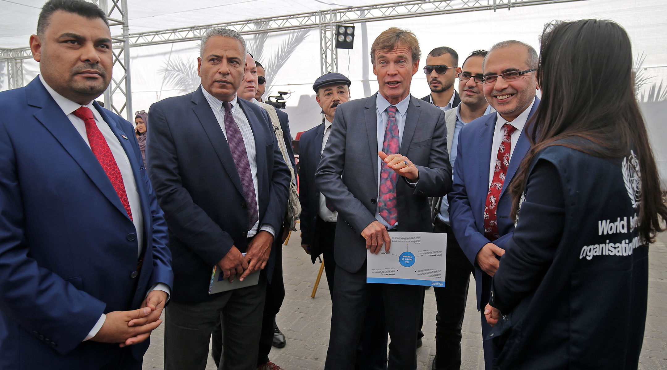 EU Representative Sven Kühn von Burgsdorff, raising his hand, visiting the Nasser Hospital in Khan Yunis in the Gaza Strip, the Palestinian authority on March 5, 2020. (Said Khatib/AFP via Getty Images)