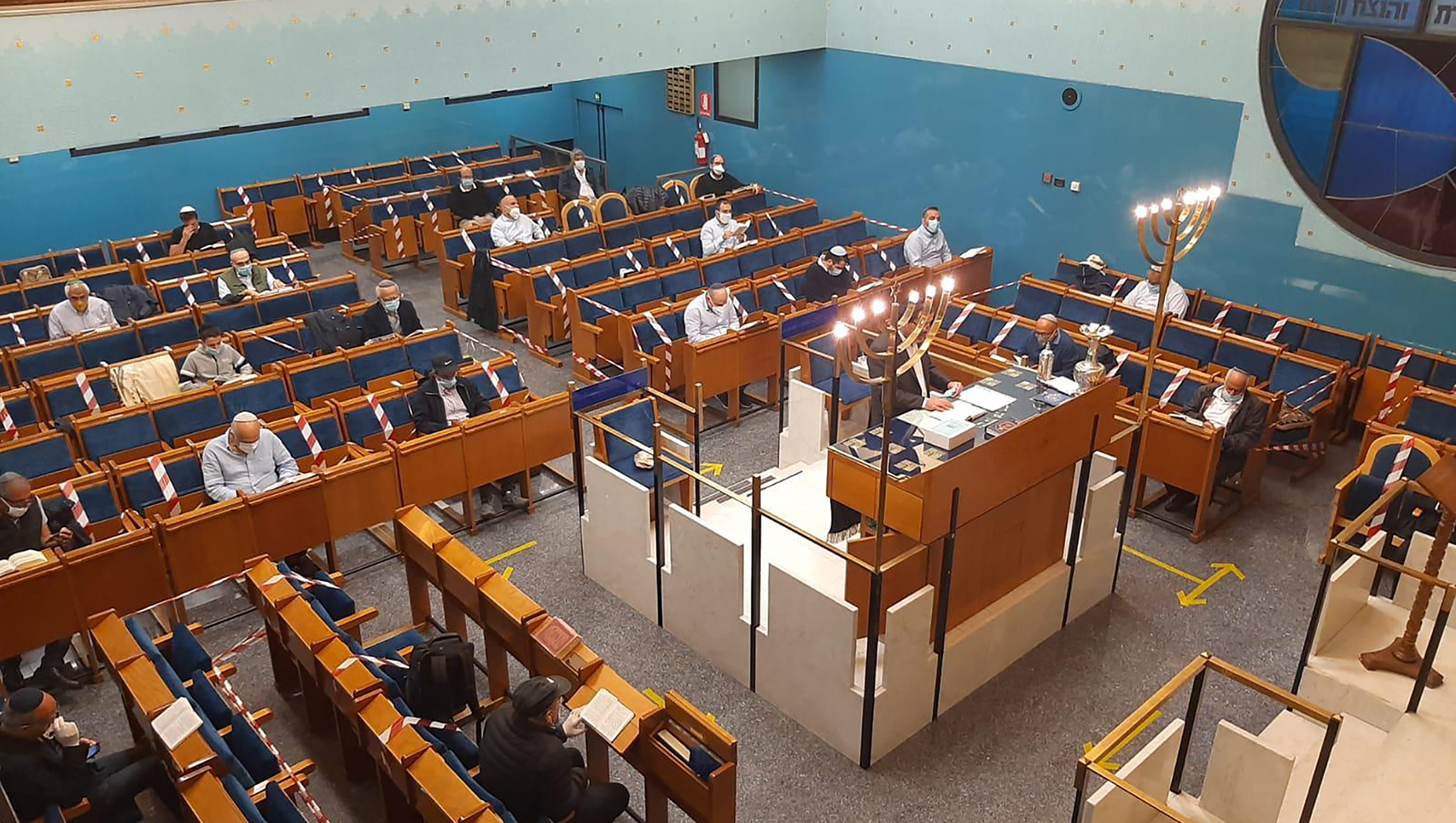 Jews praying at the Noam synagogue in Milan, Italy on May 20, 2020. (Courtesy of Daniel Reichel)