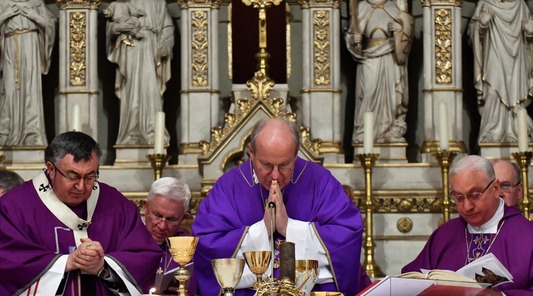 The Archbishop of The Catholic Church in Bosnia Vinko Puljic, left, with other clergymen at The Heart of Jesus Catherdal in Sarajevo, Bosnia and Herzegovina on March 4, 2018. (Elvis Barukcic/AFP via Getty Images)