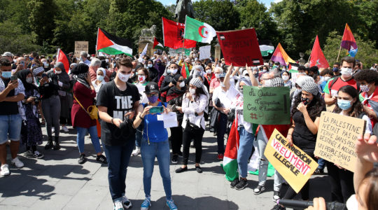 Protesters demonstrate against Israel's plan to apply its civilian laws in the West Bank during a rally in Brussels, Belgium on June 28, 2020. (Dursun Aydemir/Anadolu Agency via Getty Images)