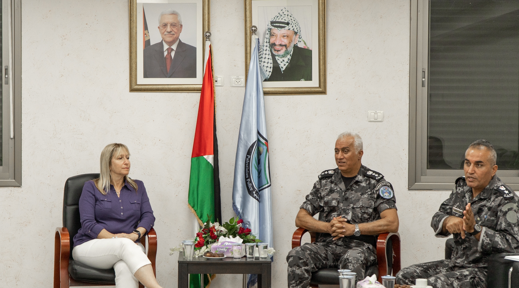 Tammy Gillies, the ADL San Diego regional director, meets with Colonel Zahar Shahaab of the Palestinian College of Police Sciences (right) in Jericho during a 2019 delegation. (Courtesy of the ADL)