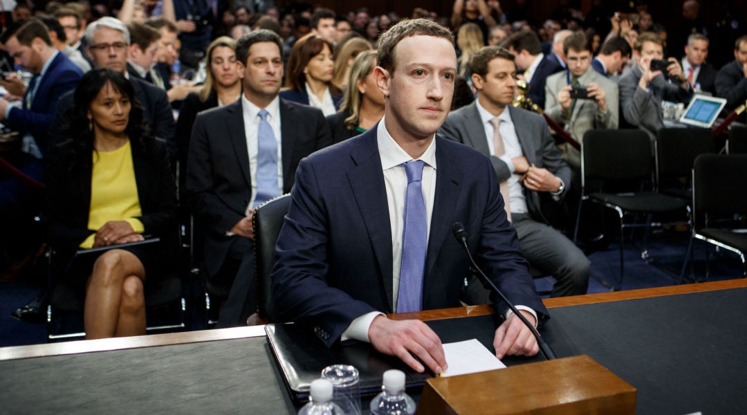 Facebook CEO Mark Zuckerberg testifies at a joint hearing of the Senate Judiciary and Commerce committees on Capitol Hill in Washington D.C., on April 10, 2018. Later that year, the Anti-Defamation League would start to pivot from collaborating with Facebook to pressuring it on its hate speech policies. (Xinhua/Ting Shen via Getty Images)