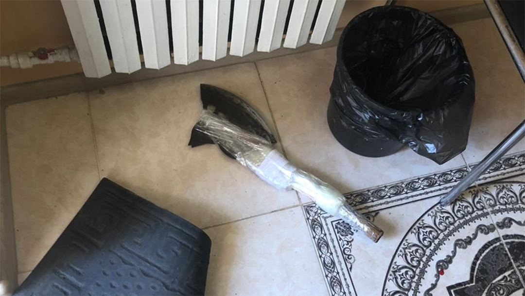 An ax that was used for a susupected anti-Semitic attack at the synagogue of Mariupol, Ukraine on July 28, 2020. (Christians for Israel)